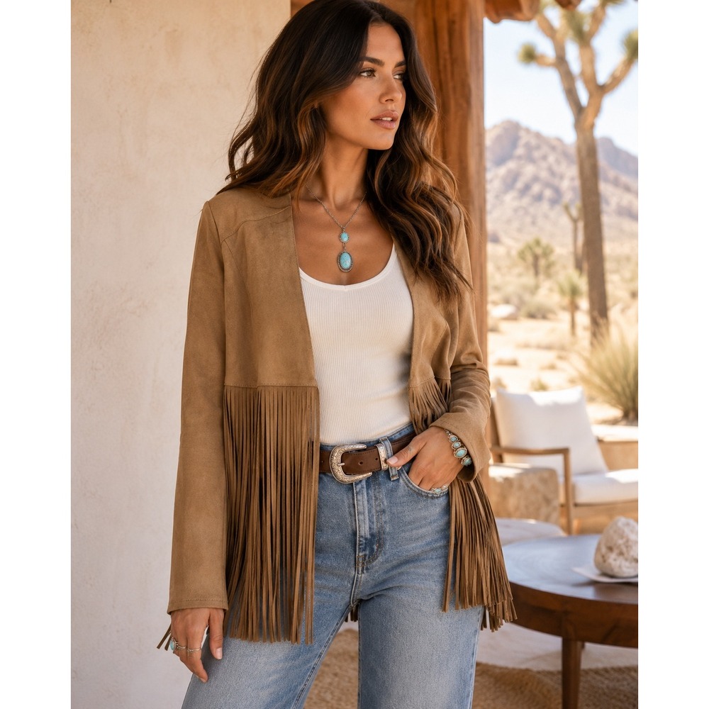 LAMARQUE Ronni Suede Fringe Jacket Latte Tan Brown Size 2 NWT